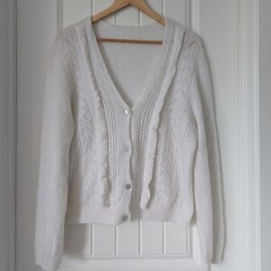 White Mohair V-neck Cardigen with Ruffle Crochet Detail on Front Size Large